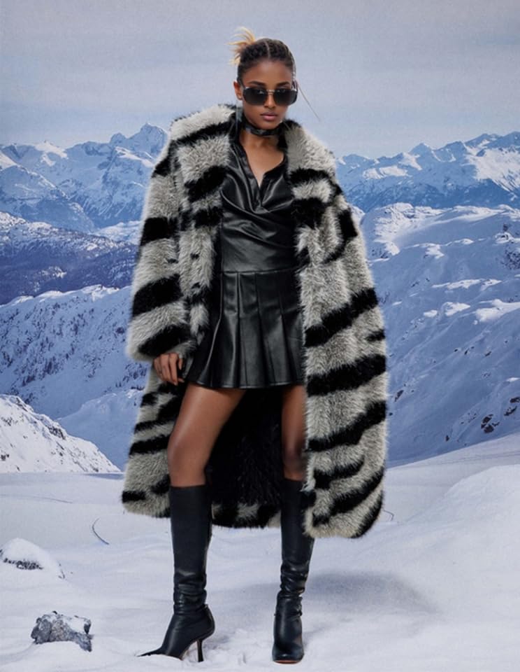 Shaggy Faux Fur Collar Long Sleeve Long Length Gray Jacket Women's